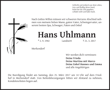 Traueranzeige von Hans Uhlmann von Altmühl-Bote Lokal