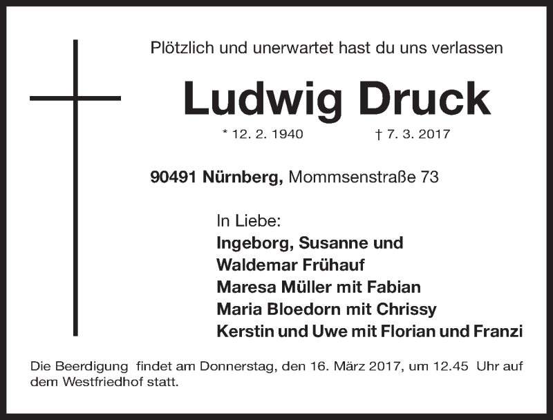  Traueranzeige für Ludwig Druck vom 11.03.2017 aus Gesamtausgabe Nürnberger Nachrichten/ Nürnberger Ztg.