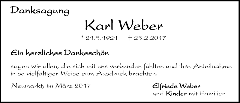  Traueranzeige für Karl Weber vom 18.03.2017 aus Neumarkter Nachrichten Lokal
