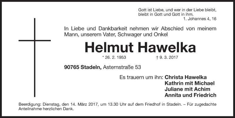  Traueranzeige für Helmut Hawelka vom 11.03.2017 aus Fürther Nachrichten Lokal