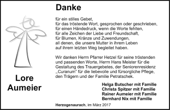 Traueranzeige von Lore Aumeier von Nordbayerische Nachrichten Herzogenaurach Lokal