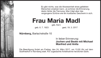 Traueranzeige von Maria Madl von Gesamtausgabe Nürnberger Nachrichten/ Nürnberger Ztg.