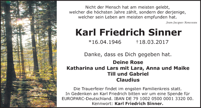  Traueranzeige für Karl Friedrich Sinner vom 25.03.2017 aus Erlanger Nachrichten Lokal