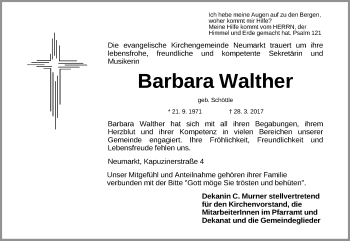 Traueranzeige von Barbara Walther von Neumarkter Nachrichten Lokal