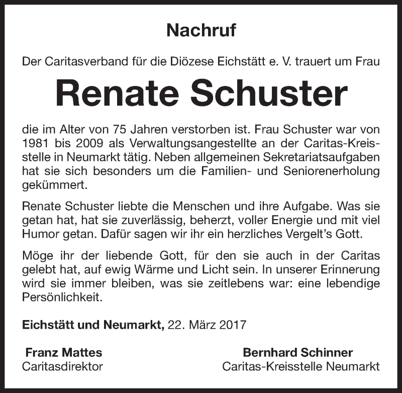 Traueranzeige für Renate Schuster vom 22.03.2017 aus Neumarkter Nachrichten Lokal