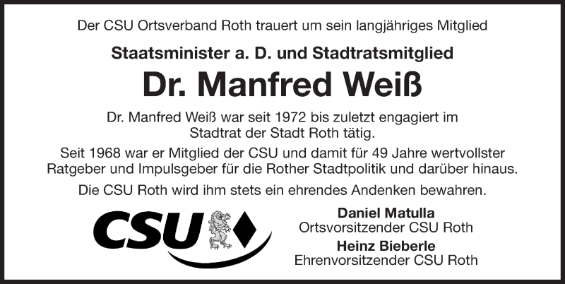  Traueranzeige für Manfred Weiß vom 15.03.2017 aus Roth-Hilpoltsteiner Volkszeitung Lokal