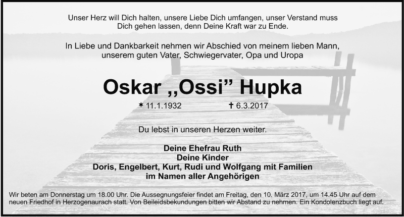  Traueranzeige für Oskar Hupka vom 08.03.2017 aus Nordbayerische Nachrichten Herzogenaurach Lokal