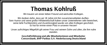 Traueranzeige von Thomas Kohlruß von Gesamtausgabe Nürnberger Nachrichten/ Nürnberger Ztg./ Fürther Nachrichten