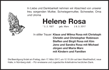 Traueranzeige von Helene Rosa von Gesamtausgabe Nürnberger Nachrichten/ Nürnberger Ztg.