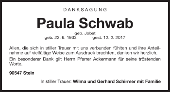 Traueranzeige von Paula Schwab von Gesamtausgabe Nürnberger Nachrichten/ Nürnberger Ztg.