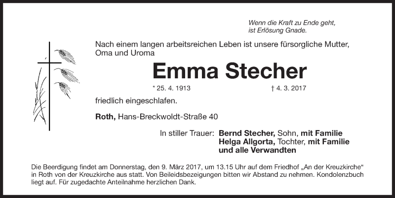  Traueranzeige für Emma Stecher vom 07.03.2017 aus Roth-Hilpoltsteiner Volkszeitung Lokal