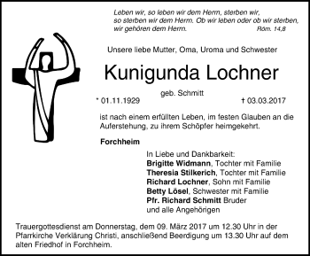 Traueranzeige von Kunigunda Lochner von Nordbayerische Nachrichten Forchheim Lokal