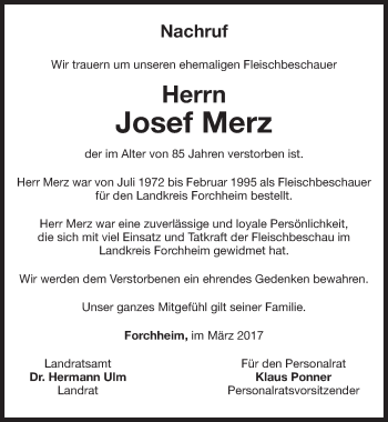 Traueranzeige von Josef Merz von Nordbayerische Nachrichten Forchheim Lokal