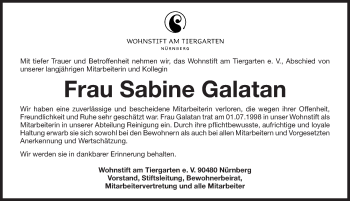 Traueranzeige von Sabine Galatan von Gesamtausgabe Nürnberger Nachrichten/ Nürnberger Ztg.
