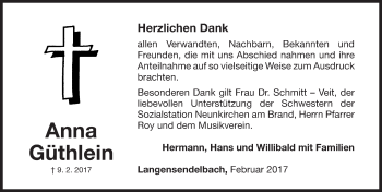 Traueranzeige von Anna Güthlein von Nordbayerische Nachrichten Forchheim Lokal
