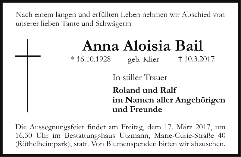  Traueranzeige für Anna Aloisia Bail vom 14.03.2017 aus Erlanger Nachrichten Lokal