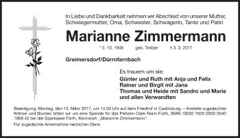 Traueranzeige von Marianne Zimmermann von Fürther Nachrichten Lokal