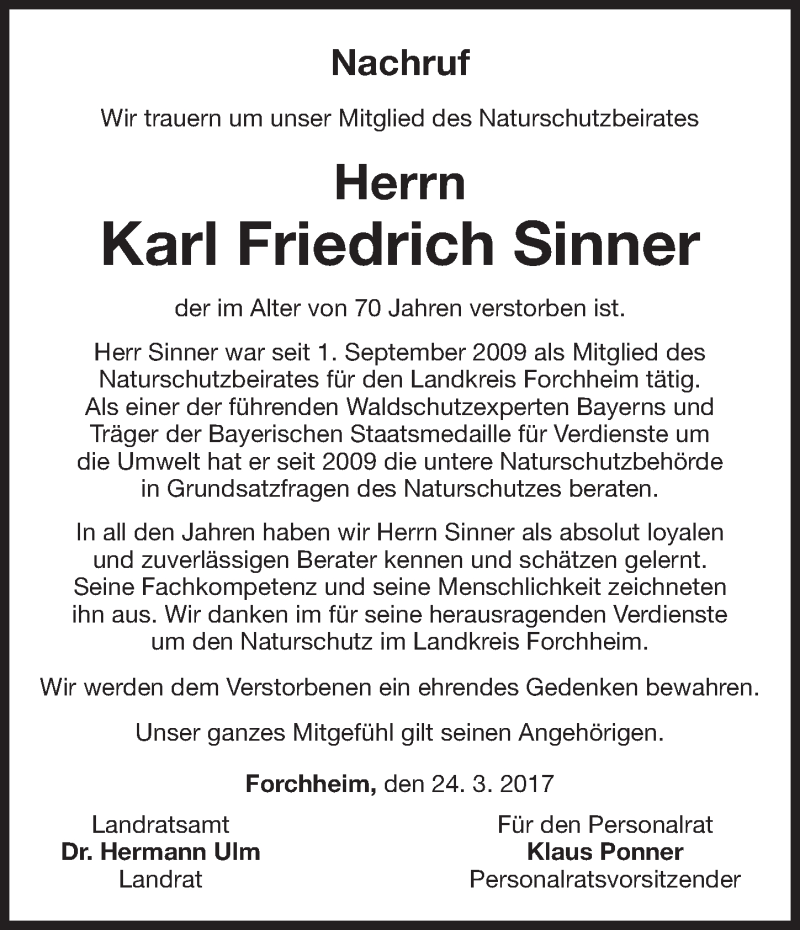  Traueranzeige für Karl Friedrich Sinner vom 25.03.2017 aus Nordbayerische Nachrichten Forchheim Lokal