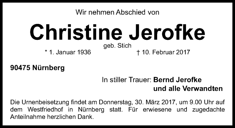  Traueranzeige für Christine Jerofke vom 25.03.2017 aus Fürther Nachrichten Lokal