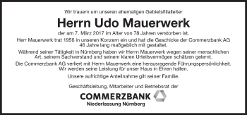 Traueranzeige von Udo Mauerwerk von Gesamtausgabe Nürnberger Nachrichten/ Nürnberger Ztg.
