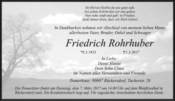 Traueranzeige von Friedrich Rohrhuber von Gesamtausgabe Nürnberger Nachrichten/ Nürnberger Ztg.