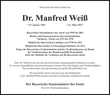 Traueranzeige von Manfred Weiß von Roth-Hilpoltsteiner Volkszeitung Lokal