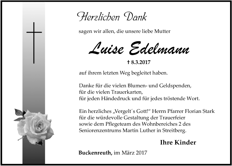  Traueranzeige für Luise Edelmann vom 25.03.2017 aus Nordbayerische Nachrichten Forchheim Lokal