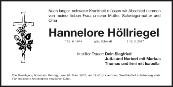 Traueranzeige von Hannelore Höllriegel von Gesamtausgabe Nürnberger Nachrichten/ Nürnberger Ztg.