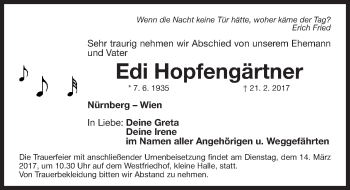 Traueranzeige von Edi Hopfengärtner von Gesamtausgabe Nürnberger Nachrichten/ Nürnberger Ztg.