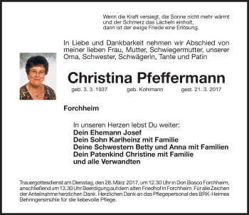 Traueranzeige von Christina Pfeffermann von Nordbayerische Nachrichten Forchheim Lokal