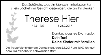 Traueranzeige von Therese Hier von Schwabach