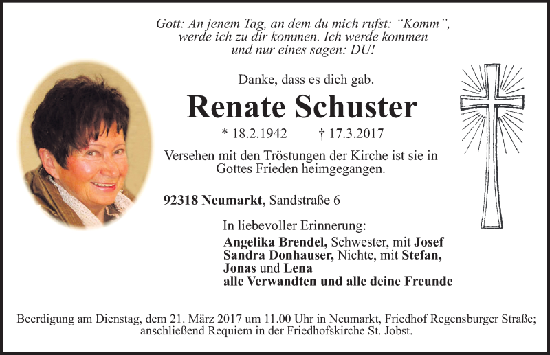  Traueranzeige für Renate Schuster vom 20.03.2017 aus Neumarkter Nachrichten Lokal