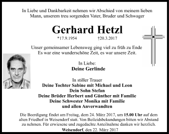 Traueranzeige von Gerhard Hetzl von Nordbayerische Nachrichten Herzogenaurach Lokal