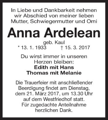 Traueranzeige von Anna Ardelean von Gesamtausgabe Nürnberger Nachrichten/ Nürnberger Ztg.