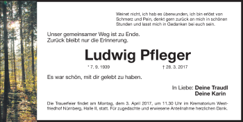 Traueranzeige von Ludwig Pfleger von Gesamtausgabe Nürnberger Nachrichten/ Nürnberger Ztg.