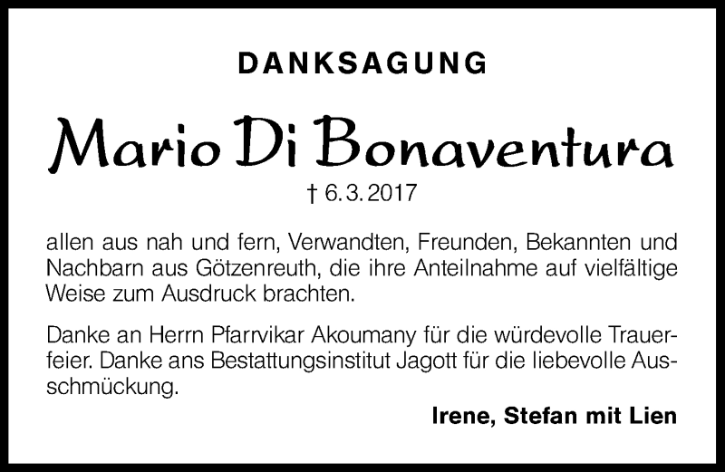  Traueranzeige für Mario Di Bonaventura vom 25.03.2017 aus Schwabach