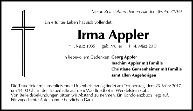  Traueranzeige für Irma Appler vom 21.03.2017 aus Schwabach