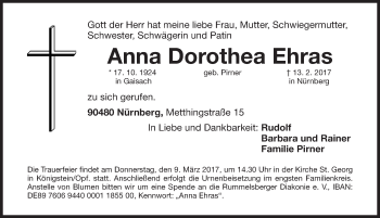 Traueranzeige von Anna Dorothea Ehras von Gesamtausgabe Nürnberger Nachrichten/ Nürnberger Ztg.