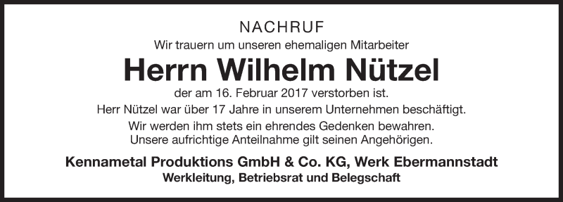  Traueranzeige für Wilhelm Nützel vom 03.03.2017 aus Nordbayerische Nachrichten Forchheim Lokal