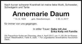 Traueranzeige von Annemarie Daum von Gesamtausgabe Nürnberger Nachrichten/ Nürnberger Ztg.