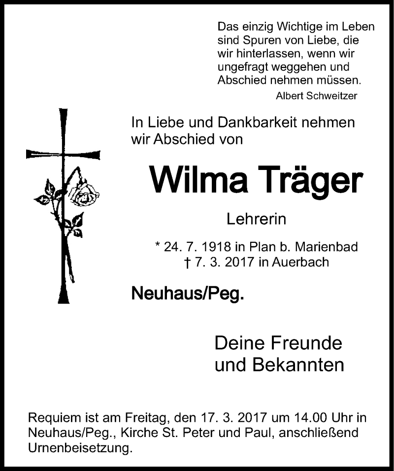  Traueranzeige für Wilma Träger vom 11.03.2017 aus Nordbayerische Nachrichten Pegnitz Lokal