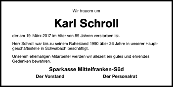 Traueranzeige von Karl Schroll von Schwabach