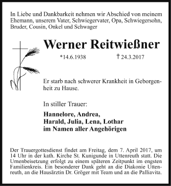 Traueranzeige von Werner Reitwießner von Erlanger Nachrichten Lokal