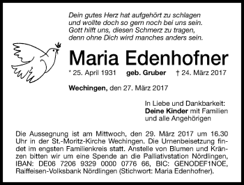 Traueranzeige von Maria Edenhofner von Altmühl-Bote Lokal