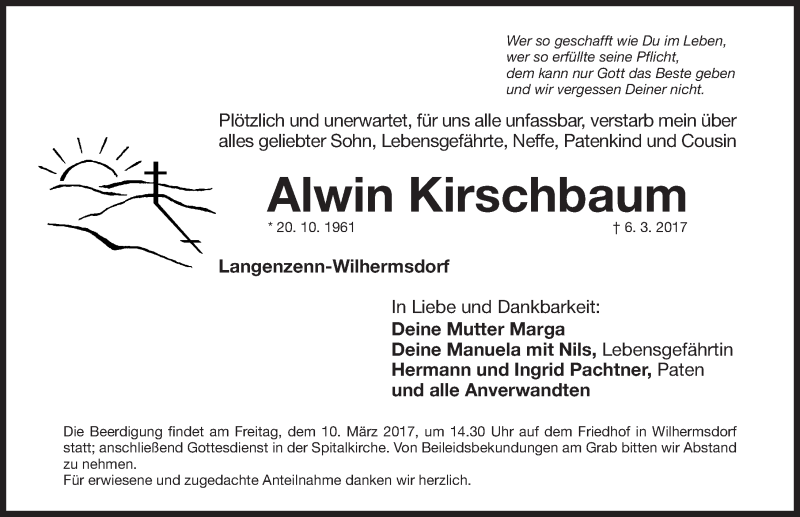  Traueranzeige für Alwin Kirschbaum vom 09.03.2017 aus Fürther Nachrichten Lokal