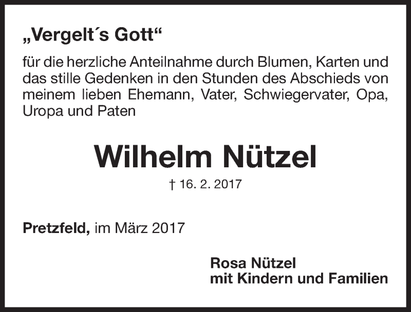  Traueranzeige für Wilhelm Nützel vom 18.03.2017 aus Nordbayerische Nachrichten Forchheim Lokal
