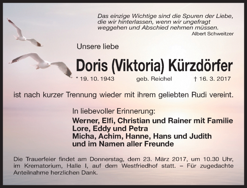  Traueranzeige für Doris Viktoria Kürzdörfer vom 18.03.2017 aus Gesamtausgabe Nürnberger Nachrichten/ Nürnberger Ztg.