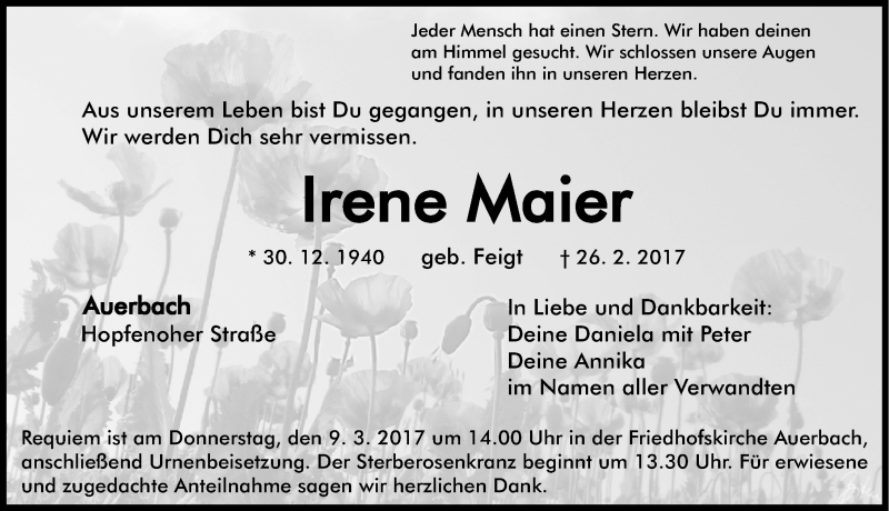 Traueranzeige für Irene Maier vom 04.03.2017 aus Nordbayerische Nachrichten Pegnitz Lokal