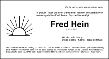 Traueranzeige von Fred Hein von Gesamtausgabe Nürnberger Nachrichten/ Nürnberger Ztg.