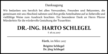 Traueranzeige von Harto Schlegel von Fürther Nachrichten Lokal